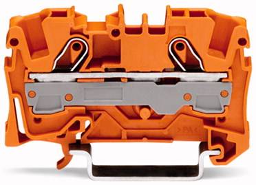 Pomarańczowy uchwyt zabezpieczający z elementami metalowymi, służący do mocowania i łączenia przewodów elektrycznych w instalacjach przemysłowych.