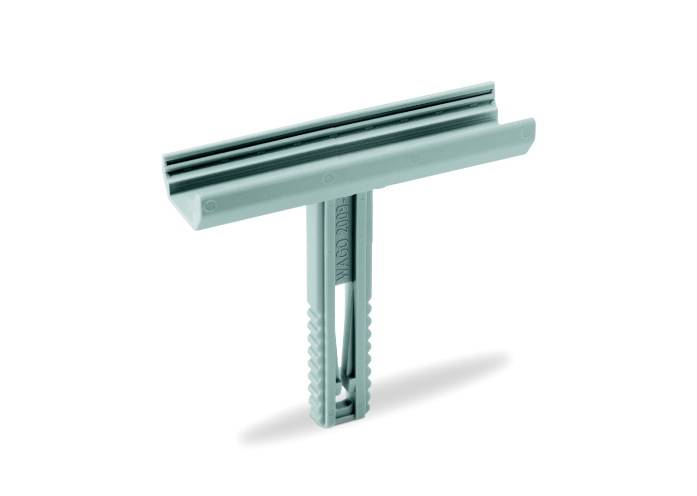 Szary kołek montażowy do płyt gipsowo-kartonowych o kształcie T z żebrowanym trzpieniem, przeznaczony do mocowania w płytach gipsowych.