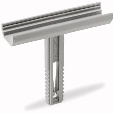 Szare złącze z tworzywa sztucznego w kształcie litery T z nacięciami na części pionowej oraz rowkiem wgłębionym w części poziomej.