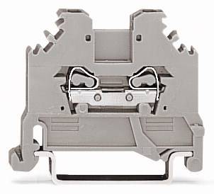 Szare złącze szynowe DIN, dwupoziomowe, z połączeniem wtykowym. Nadaje się do mocowania w szafach elektrycznych.