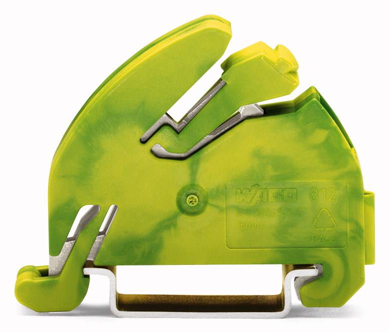 Zielony złącz kablowy z metalowymi zaciskami, używany do bezpiecznego łączenia przewodów elektrycznych w instalacjach.