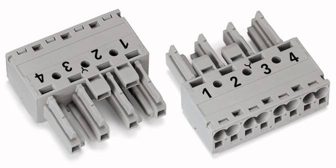 Dwa szare wtyczki z tworzywa sztucznego z numerowanymi złączami od 1 do 4, przedstawiające widok z przodu i z tyłu, prawdopodobnie przeznaczone do połączeń elektrycznych.
