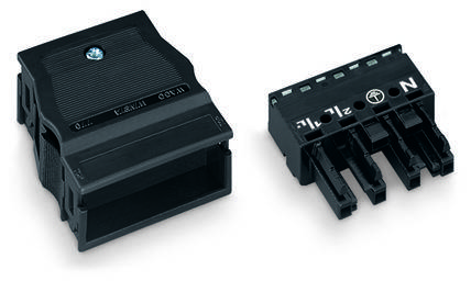 Dwa czarne elementy z tworzywa sztucznego: Po lewej obudowa z zamknięciem śrubowym, po prawej złącze wtykowe z oznaczeniami '1', '2' i 'N'.