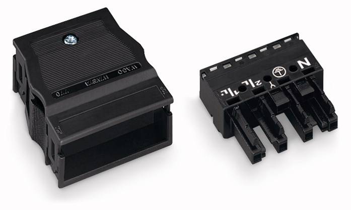 Dwa czarne elektryczne złącza wielostykowe, jedno w wersji gniazda, drugie wtyczki, przeznaczone do połączeń zasilających.