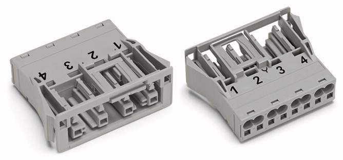 Dwa identyczne szare złącza z czterema ponumerowanymi gniazdami, prawdopodobnie przeznaczone do połączeń elektrycznych.