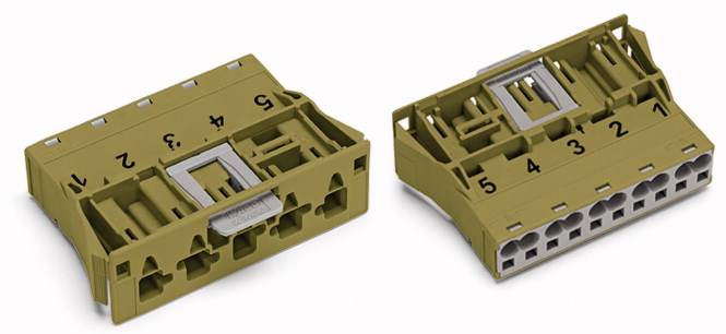 Dwa brązowe wtyczki z tworzywa sztucznego, każdy z dziesięcioma otworami, oznaczone numerami od 1 do 5. Służą do łączenia przewodów elektrycznych.