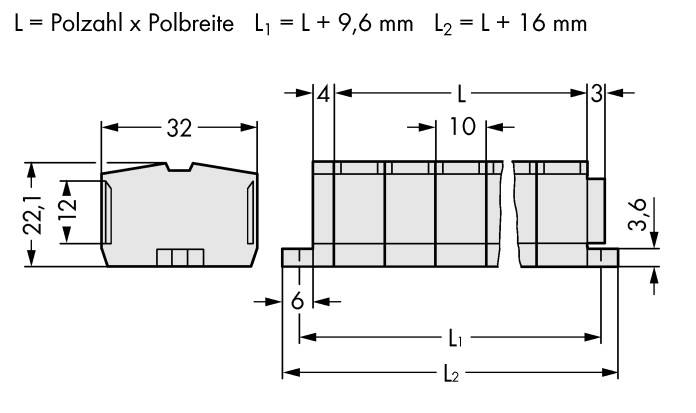 Rysunek techniczny elementu z wymiarami w milimetrach. Długość L = liczba biegunów x szerokość bieguna. Pozostałe wymiary: L1 = L + 9,6 mm, L2 = L + 16 mm.