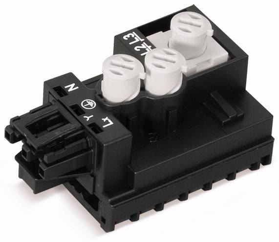 Czarno-biały elektryczny wtyk modułowy z czterema zaciskami, oznaczony napisami 'N', 'L', '1', '2', '3'.