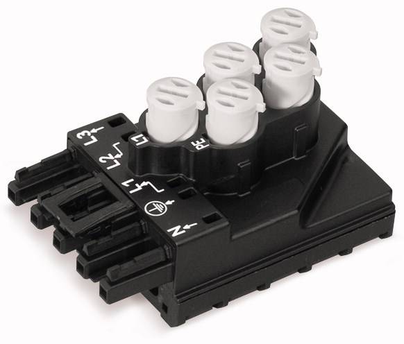 Czarny element elektryczny z białymi zaciskami przyłączeniowymi, oznaczony napisami 'L1', 'L2', 'L3', 'N' oraz symbolem uziemienia, przeznaczony do dystrybucji prądu.