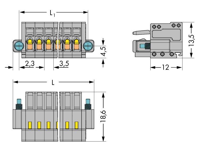 Diagram bloku przyłączeniowego z wymiarami: długość L, szerokość 18,6 mm, wysokość 13,5 mm. Przedstawia zaciski przewodów i śruby przyłączeniowe.