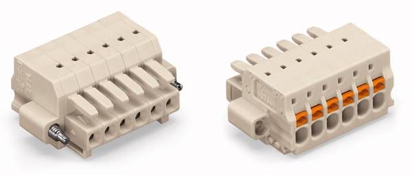 Dwa beżowe elektryczne złącza z wieloma zaciskami przyłączeniowymi. Jedno pokazuje przednią stronę, drugie tylną stronę z pomarańczowymi stykami.