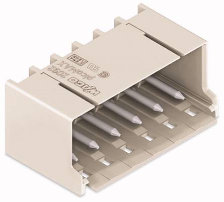 Biały wtyk plastikowy z wieloma stykami metalowymi, używany do połączeń elektronicznych.