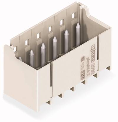Prostokątny, elektryczny element złącza z sześcioma metalowymi pinami i obudową w kolorze beżowym z tworzywa sztucznego.