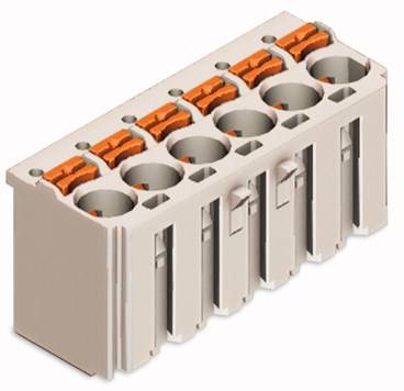 Biały, prostokątny elektryczny złącz z sześcioma pomarańczowymi zatrzaskami do zabezpieczania przewodów w bloku.