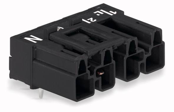 Czarny elektryczny wtyk z wieloma prostokątnymi gniazdami. Widoczne oznaczenia 'L', 'N' i '1'.