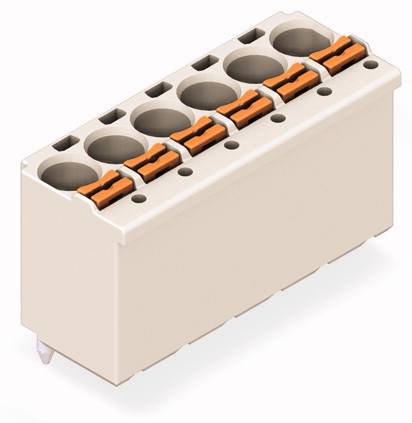 Prostokątny elektryczny blok przyłączeniowy z sześcioma okrągłymi otworami ułożonymi w dwóch rzędach oraz pomarańczowymi zaciskami, obudowa w kolorze beżowym.