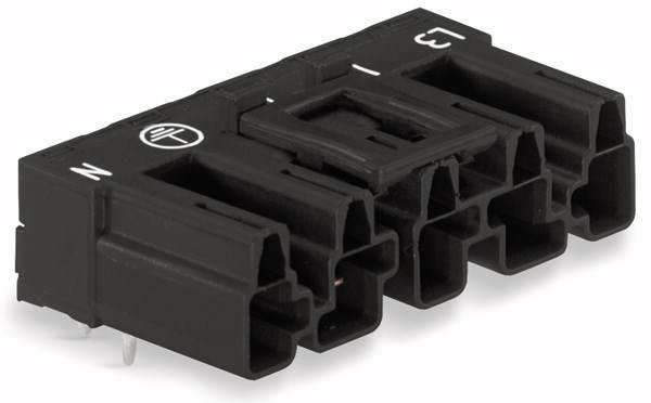 Czarny złącznik z czterema zaciskami, oznaczony literami 'N', 'L', '1', '2'. Zawiera symbol przyłącza elektrycznego.