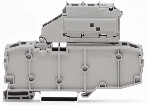 Szary elektryczny blok zacisków z wieloma mocowaniami śrubowymi, odpowiedni do montażu w szafie sterowniczej.