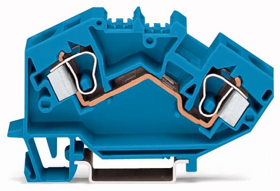 Niebieski elektryczny blok zaciskowy w przekroju, ukazujący wewnętrzne prowadzenie przewodów i metalowe zaciski połączeniowe.