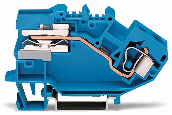 Niebieskie złącze elektryczne w przekroju poprzecznym, ukazujące wewnętrzne przewody miedziane oraz mechaniczne elementy służące do połączeń elektrycznych.