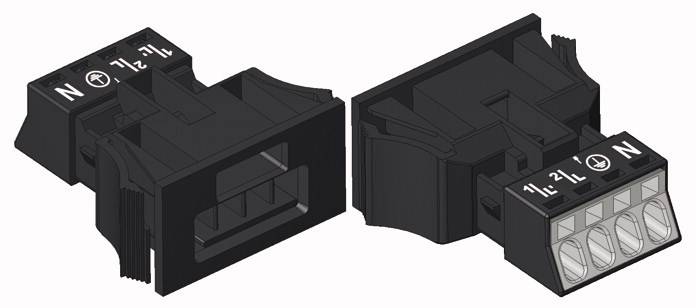 Ilustracja dwóch czarnych elektrycznych złączy z oznaczeniami: N, 12L, symbol uziemienia. Połączenia za pomocą zacisków śrubowych.