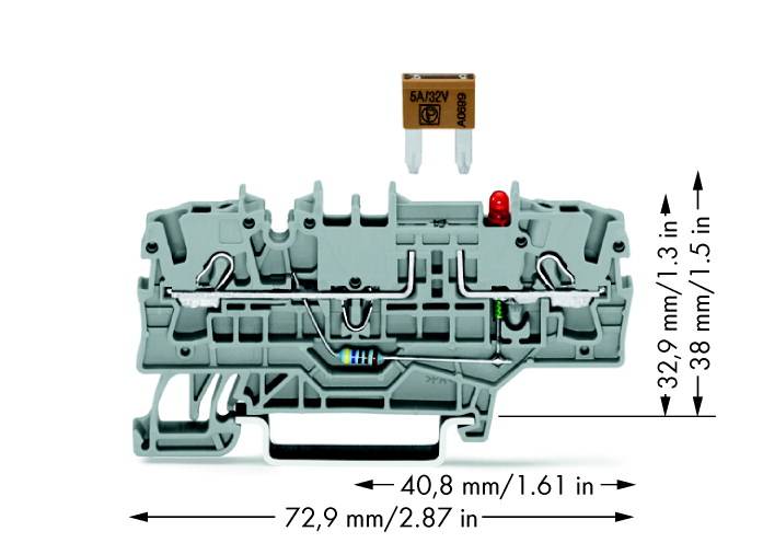 Szary uchwyt bezpiecznika z naniesionymi wymiarami technicznymi obok brązowego ostrza z napisem '5A 32V'.
