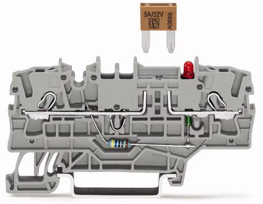 Szary elektryczny moduł bezpiecznikowy i brązowy bezpiecznik 5A-32V z czerwonymi i zielonymi detalami. Bezpiecznik wtykowy do systemów elektrycznych.