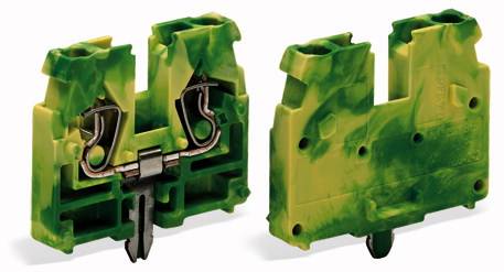 Zielony, dwubiegunowy blok zaciskowy z tworzywa sztucznego z elementami metalowymi wewnątrz, do podłączeń elektrycznych.