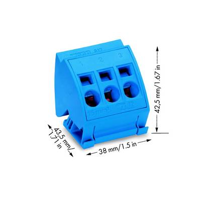Obraz niebieskiego elektrycznego złącza z trzema przyłączami, wysokość: 42,5 mm (1,67 cala), szerokość: 43,5 mm (1,71 cala), głębokość: 38 mm (1,5 cala).