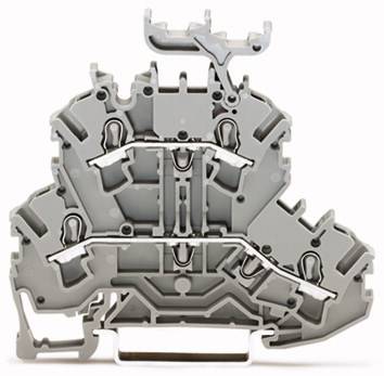 Szaro-biała złączka do zastosowań elektrycznych, przedstawiona w zbliżeniu, z wieloma punktami połączeń i mocowań.