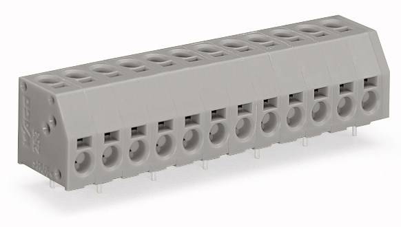 'Szary, wielobiegunowy blok zaciskowy z 12 stykami, odpowiedni do połączeń elektrycznych i montażu na płytkach drukowanych.'