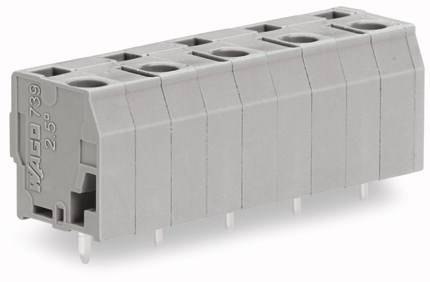 Szary blok wtykowy z tworzywa sztucznego z wieloma zaciskami przyłączeniowymi, odpowiedni do połączeń elektrycznych na płytkach drukowanych.
