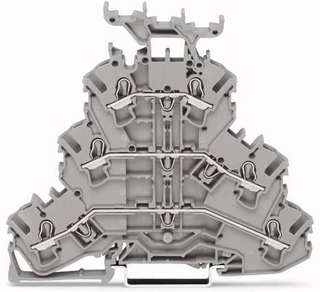 Szara wielopoziomowa listwa zaciskowa z wieloma połączeniami i zaciskami, stosowana w szafie rozdzielczej.