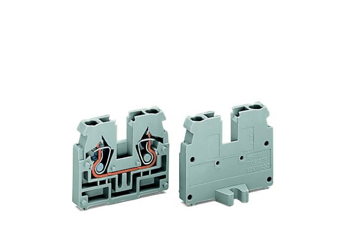 Szary blok zacisków szeregowych z dwoma punktami przyłączeniowymi i widocznymi wewnętrznymi połączeniami metalowymi. Odpowiedni do prowadzenia instalacji elektrycznych.