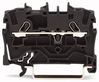 Czarna elektryczna zacisk z metalowymi połączeniami i obudową z tworzywa sztucznego, możliwy do zamontowania na szynie montażowej.