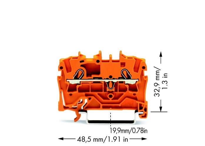 Pomarańczowy elektryczny zacisk przyłączeniowy z przedstawionymi wymiarami: szerokość 48,5 mm, głębokość 19,9 mm, wysokość 32,9 mm.