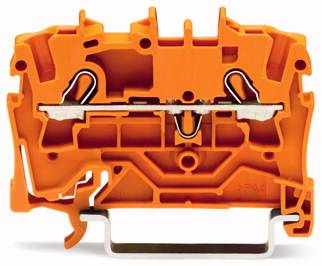 Pomarańczowa obudowa złącza elektrycznego z metalowymi połączeniami, stosowana w rozdzielniach elektrycznych.