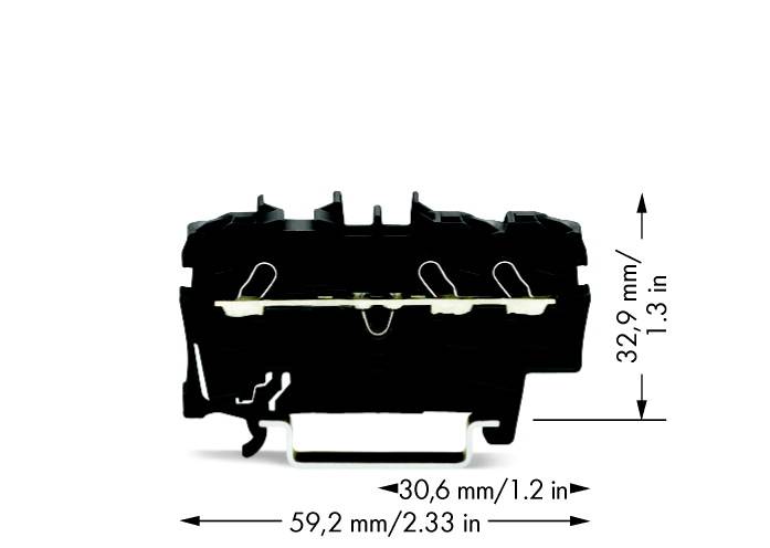 Przekrój czarnej części z tworzywa sztucznego o wymiarach: szerokość 59,2 mm, wysokość 32,9 mm, głębokość 30,6 mm.
