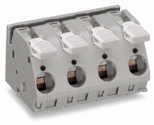 Czterobolcowy, szary złącz kablowy z białymi dźwigniami do łączenia przewodów elektrycznych. Odpowiedni do zastosowań przemysłowych.