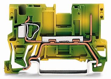 Przekrój bloku zacisków elektrycznych z tworzywa sztucznego i metalu w kolorach zielonym i żółtym, ukazujący wewnętrzne mechanizmy połączeń.