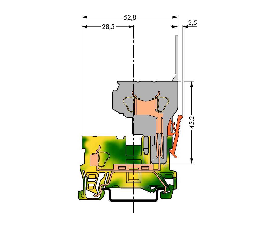 Przekrój poprzeczny profilu okiennego z wymiarami: szerokość 52,8 mm, wysokość 45,2 mm. Przedstawia różne warstwy materiałów i szczegóły strukturalne.
