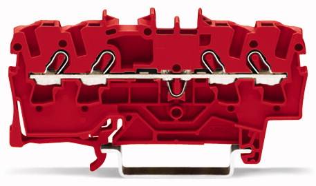 Elektryczna listwa zaciskowa z metalowymi stykami i mocowaniem, stosowana do łączenia przewodów elektrycznych w systemach sterujących.