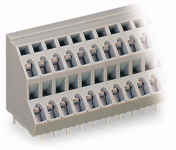 Szara złączka zaciskowa z wieloma rzędami przyłączy, stosowana do połączeń elektrycznych.