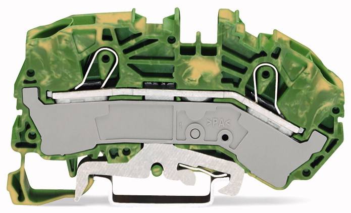 Przekrój zielonej obudowy listwy zaciskowej ze złączami metalowymi. Przedstawia wewnętrzną strukturę i budowę dla połączeń elektrycznych.