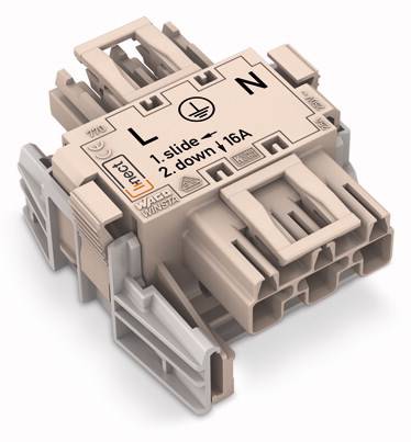 Elektryczny złącz wtykowy z oznaczeniami 'L', 'N' i symbolem uziemienia. Instrukcje: '1. przesuń, 2. w dół, 16A'.