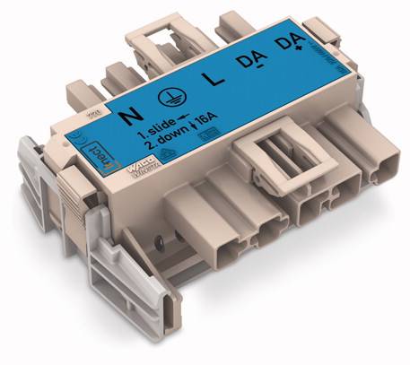 Elektryczny złącz wtykowy z niebieskim oznakowaniem: 'N', 'L', 'DA', 'DA', instrukcje: '1. przesuń – 2. w dół'. Maksymalne obciążenie: 16A.