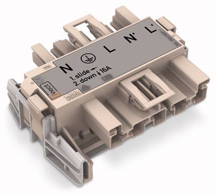 Elektryczny złącz wtykowy z trzema zaciskami, oznaczony jako 'N', 'L' oraz symbol uziemienia. Opis: '1. zsunąć - 2. w dół', 16A.