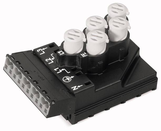 Czarny, modularny elektryczny element przyłączeniowy z wieloma białymi złączami do łączenia kabli i przewodów.