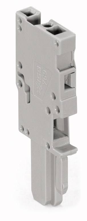 Szary, pionowo stojący element elektryczny, prawdopodobnie rozłącznik lub blok zacisków, z prostokątnymi wycięciami w obudowie.