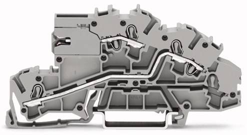 Szary wielopoziomowy moduł listwy zaciskowej elektrycznej. Widoczne metalowe styki i złącza wewnątrz struktury z tworzywa sztucznego.